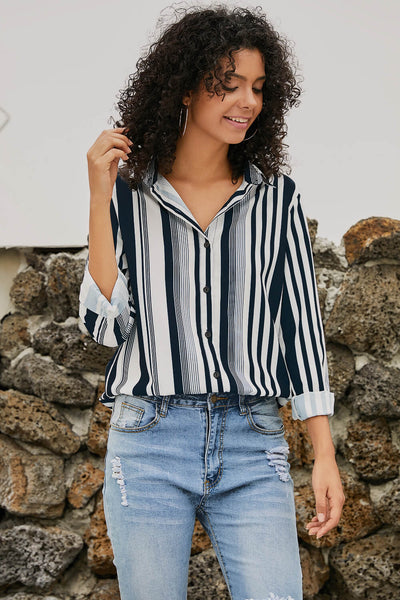 Chic Women's White and Navy Striped Shirt - Comfortable Fit for Effortless Everyday Style and Casual Elegance
