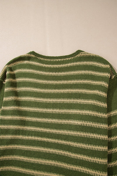 Cozy Women's Green Stripe Drop Shoulder Sweater - Effortless Casual Style for Everyday Comfort and Versatile Wear