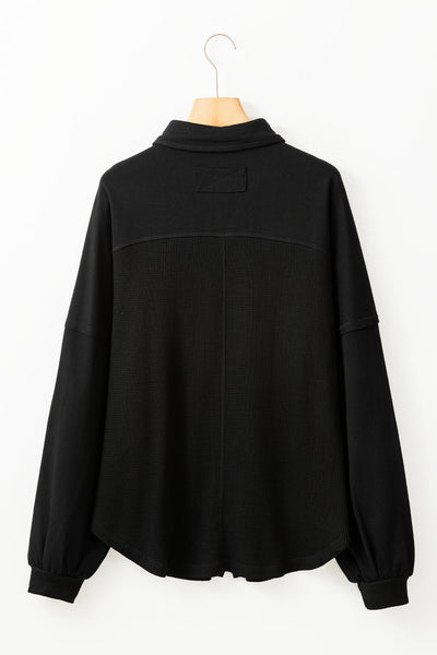 Women's Waffle Knit Oversized Patchwork Shacket in Midnight Black