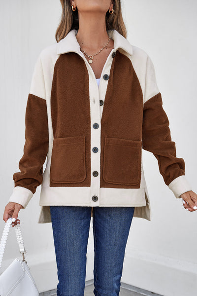Women's Brown Color Block Fleece Shacket and Button-Down Shirt with practical styling and dependable silhouette control.