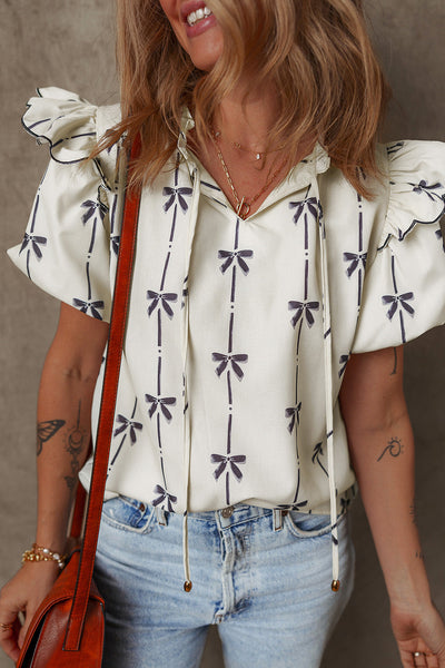 Women's Bow Print Ruffle Shoulder Puff Sleeve Blouse in Cream