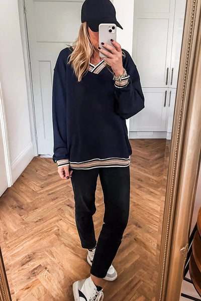 Stylish Women's Navy Blue Varsity V-Neck Sweatshirt with Trendy Contrast Striped Trim for Comfortable Casual Wear