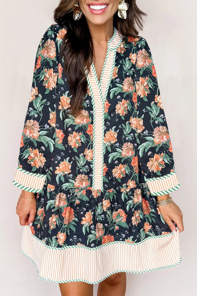 Stylish Women's Blue Floral Mini Dress with Striped Trim, V-Neck, Long Sleeves, and Ruffle Hem for Effortless Charm