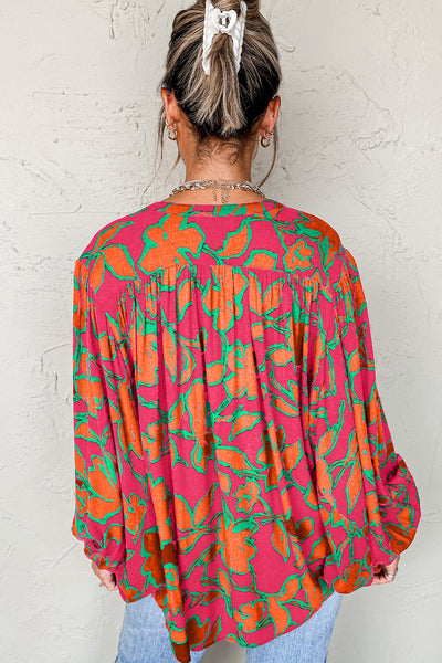 Women's Floral Viscose Button-Up Blouse with Balloon Sleeves
