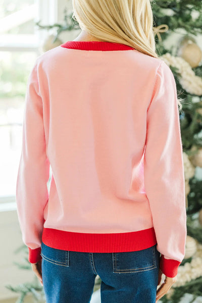 Women's Cozy Gossamer Pink Color Block Sweater with Candy Cane Embroidery - Stylish Round Neck Design for a Chic Look