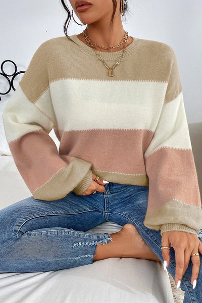 Cozy Dusty Pink Color Block Sweater for Women with Lantern Sleeves & Drop Shoulders - Chic Knitwear for Any Occasion