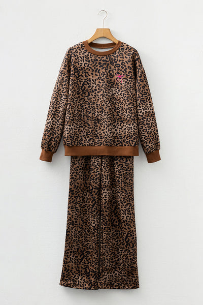 Stylish Women's Coffee Leopard Print Long Sleeve Top and Pants Set - Cozy Contrast Trim Loungewear Ensemble
