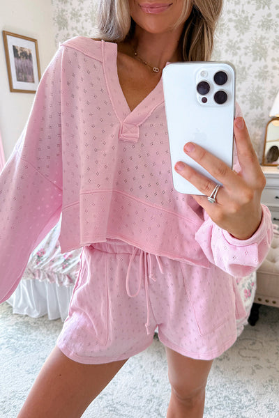 Women's Light Pink Pointelle Long Sleeve Top & Drawstring Shorts Set - Stylish Casual 2-Piece Outfit for Comfort
