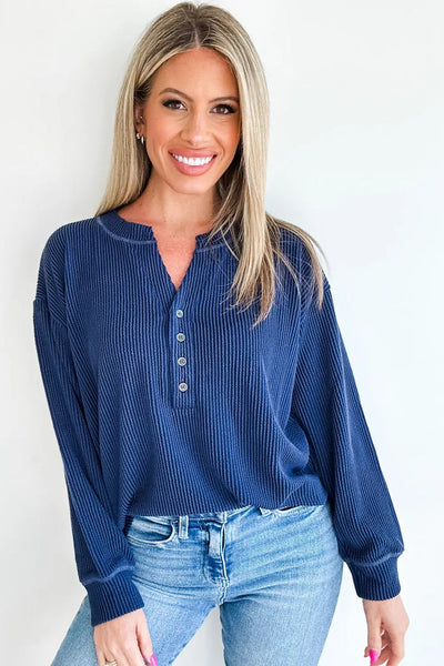 Women's Relaxed Fit Navy Blue Twisted Ribbed Long Sleeve Top with Half Button for Effortless Casual Style