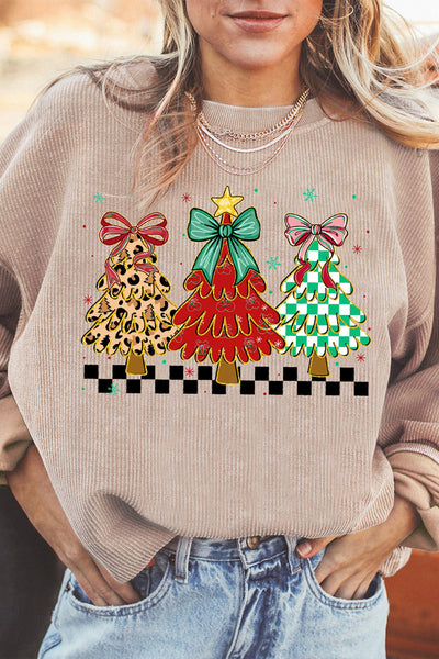 Women's Corded Ribbed Apricot Christmas Tree Graphic Sweatshirt