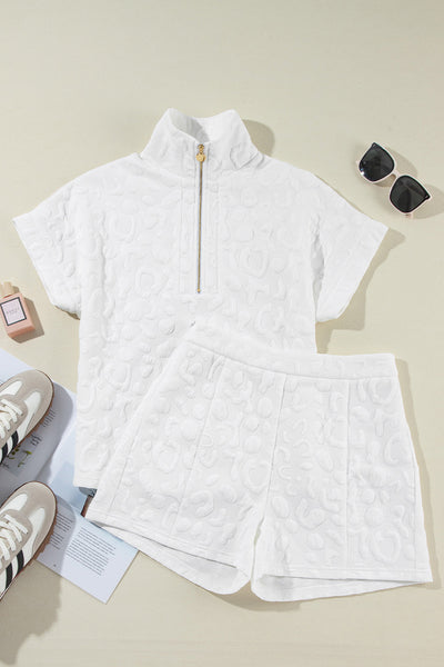 Women's White Leopard Jacquard Quarter Zip Tee and Shorts Set