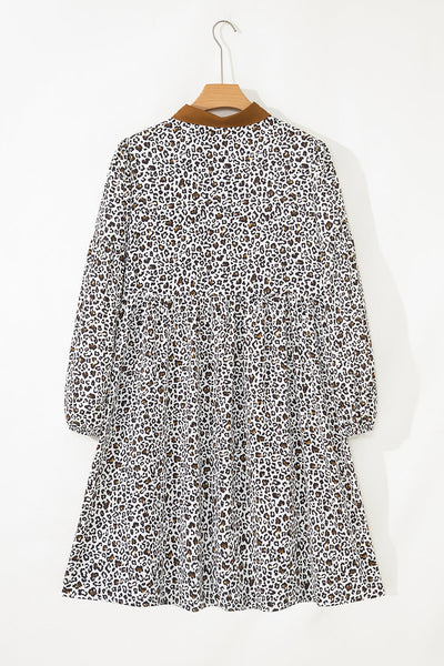 Plus Size Women's Trendy Khaki Leopard Print Mini Dress with Puff Sleeves and Button V-Neck for a Comfortable Fit