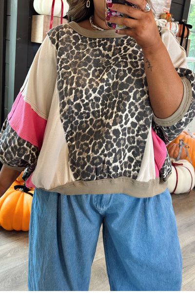 Stylish Women's Brown Leopard Print Color Block Top with 3/4 Sleeves - Trendy Loose Fit Casual Shirt for Everyday Wear made for easy styling and