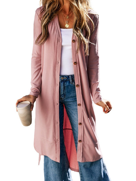 Pink Ribbed Button-Up Duster Cardigan with Side Splits