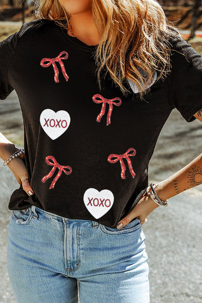 Sequin Bow & Heart Valentine's Graphic Tee in Black
