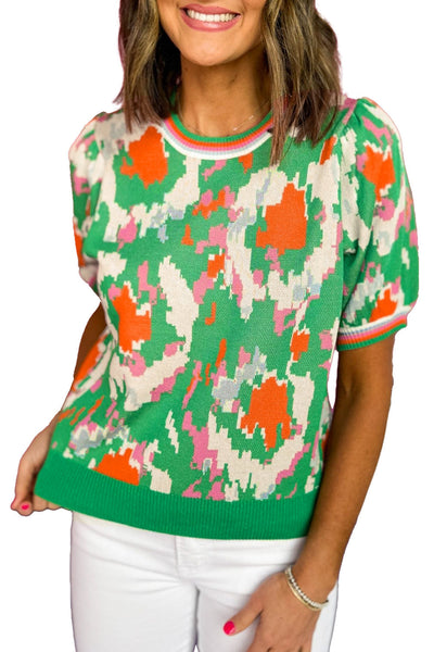 Trendy Women's Short Sleeve Green Abstract Knit Sweater with Striped Trim for Effortless Casual Chic Style