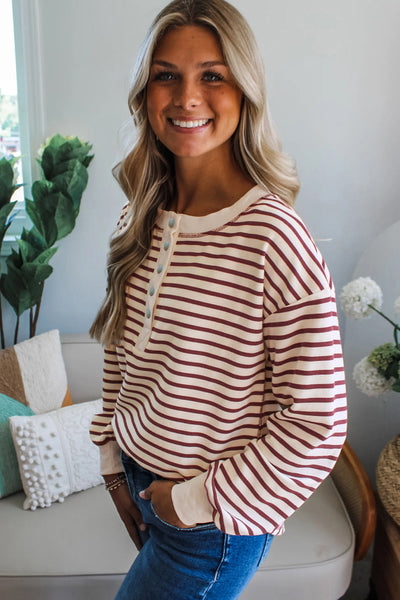 Women's Relaxed Striped Henley Top in Red Dahlia and Cream with practical styling and dependable silhouette control.