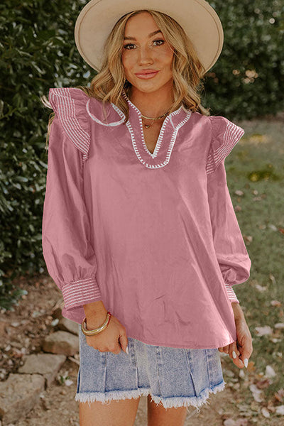 Women's Pink V-Neck Ruffle Blouse with Contrast Stitching and Long Sleeves - Stylish and Feminine Top for Any Occasion