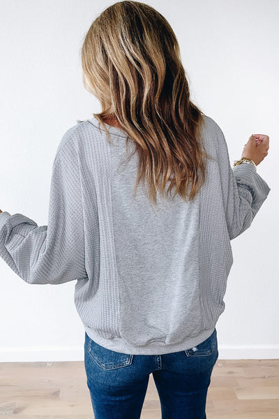 Women's Light Grey Waffle Knit Long Sleeve Pullover Top with Raw Hem and Patchwork Detail for Casual Comfort