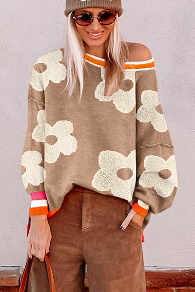 Cozy Women's Oversized Smoke Gray Floral Striped Sweater - Trendy Knit for Casual Outings and Everyday Style