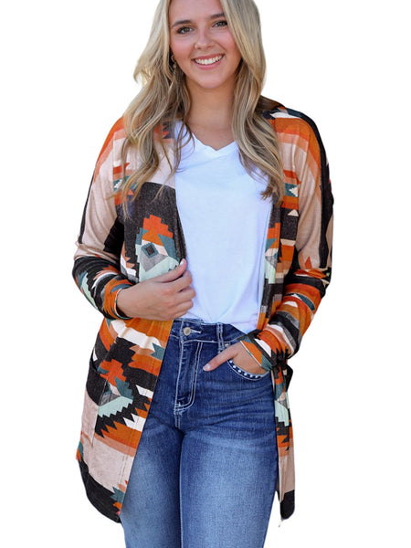 Orange Tribal Aztec Print Western Cardigan