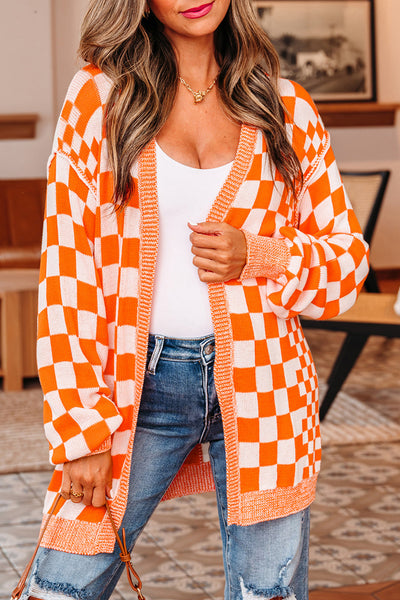 Cozy Women's Orange Checkered Cardigan - Stylish Knit Layer for Effortless Casual Looks and Comfortable Layering