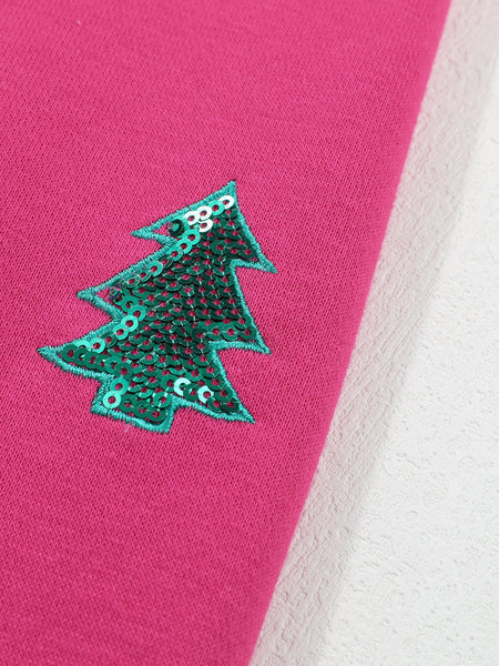 Sequin Merry Christmas Pink Patchwork Sweatshirt with Strawberry Tree Details
