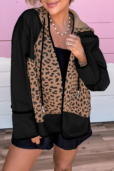 Women's Black Leopard Print Hooded Jacket with Contrast Piping - Stylish Open Front Outerwear for Casual Looks