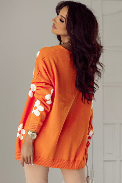 Women's Cozy Orange Floral Knit Cardigan - Relaxed Fit Open Front Layer for Chic Spring Style