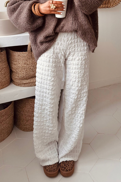 Chic Women's High Waist White Bubble Textured Straight-Leg Trousers for Effortless Casual Style and Comfort