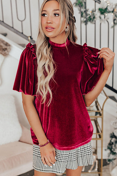 Elegant Women's Red Velvet Blouse with Frilled Puff Sleeves - Stylish and Sophisticated for Any Occasion