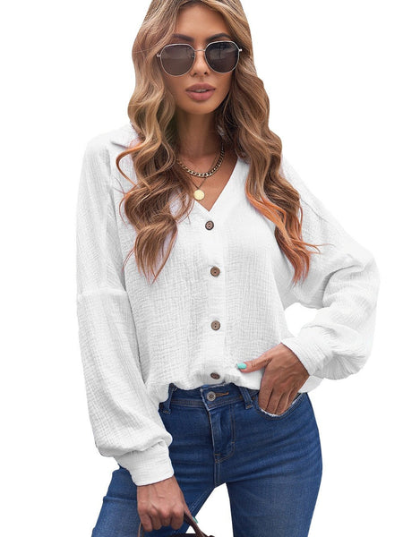 Cotton Linen Button Sleeve Blouse with Balloon Sleeves