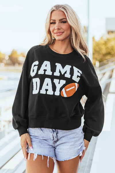 Women's Black Game Day Graphic Varsity Sweatshirt - Cozy Fit for Sports Fans, Perfect for Casual Outings and Tailgating