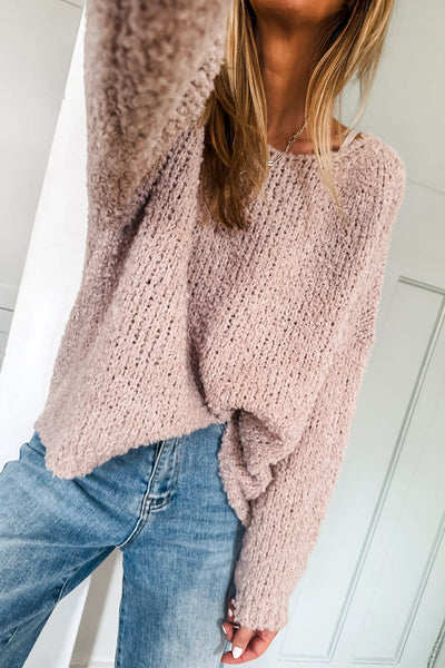 Cozy Women's Dusty Pink Fuzzy Knit Sweater | Loose Fit Round Neck Pullover with Drop Shoulders for Casual Chic Style