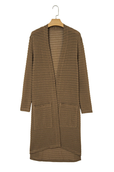 Chic Women's Camel Striped Knit Duster Cardigan with Double Pockets - Effortless Open Front Layer for Stylish Comfort