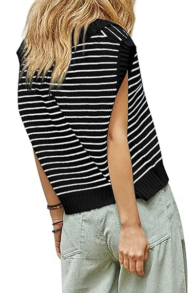 Chic Women's Black Striped V-Neck Sweater Tank Top - Stylish & Comfortable for Effortless Casual Looks