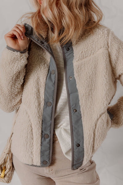 Cozy Women's Oatmeal Sherpa Fleece Winter Jacket with Snap Buttons & Contrast Trim for Ultimate Warmth and Style
