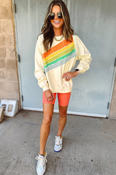Women's Cozy Apricot Rainbow Colorblock Striped Pullover Sweatshirt - Casual Fit for Effortless Everyday Style