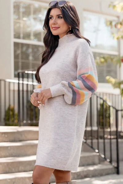 Women's Light Grey Striped Puff Sleeve High Neck Mini Sweater Dress - Cozy Casual Chic for Effortless Style