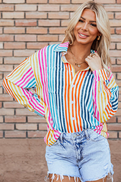 Trendy Women's Orange Striped Loose-Fit Drop Shoulder Shirt - Casual Multicolor Top for Effortless Everyday Style