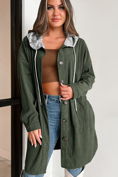 Stylish Women's Jungle Green Oversized Corduroy Hooded Shacket with Contrast Details for Ultimate Comfort