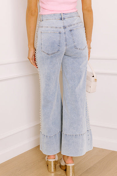 Trendy Women's Beau Blue Mid Rise Wide Leg Jeans with Pearl Accents and Split Design for a Chic Look