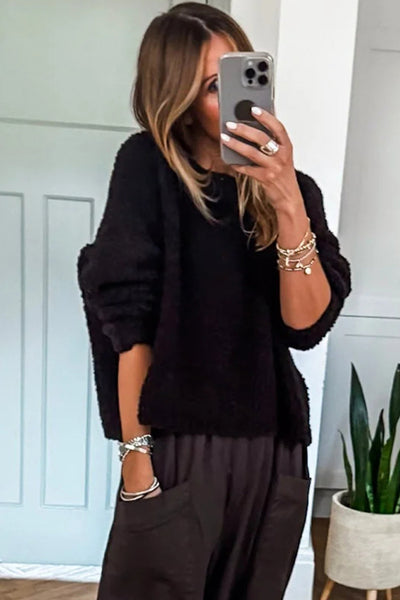 Chic Women's Black Fuzzy Knit Sweater with Round Neck & Drop Shoulders for Effortless Relaxed Style