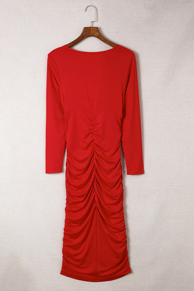 Women's Ruched V-Neck Long Sleeve Slim Maxi Dress
