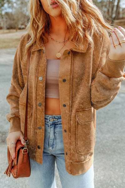 Women's Vintage Khaki Flap Pocket Shacket - Trendy Layering Jacket for Casual Fall Fashion and Everyday Style