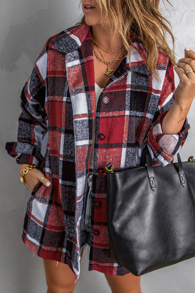 Women's Crimson Red Plaid Shacket: 100% Polyester Oversized Layer