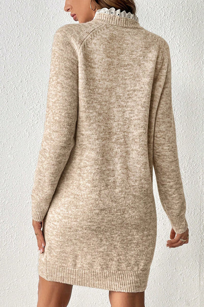 Women's Mini Sweater Dress in Parchment with Lace Details, Button Accents, and Raglan Sleeves for Effortless Chic