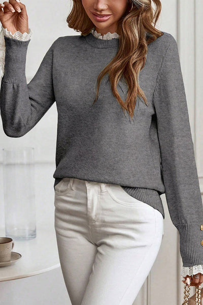 Women's Lace-Trim Knit Sweater with Buttoned Cuffs in Sleet Gray