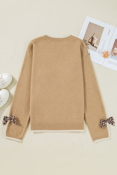 Women's Camel Knit Pullover with Leopard Bow Cuffs