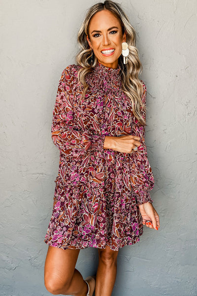 Women's Effortless Style Red Floral Mini Dress with Long Sleeves, Shirred High Neck, and Relaxed Fit for Any Occasion